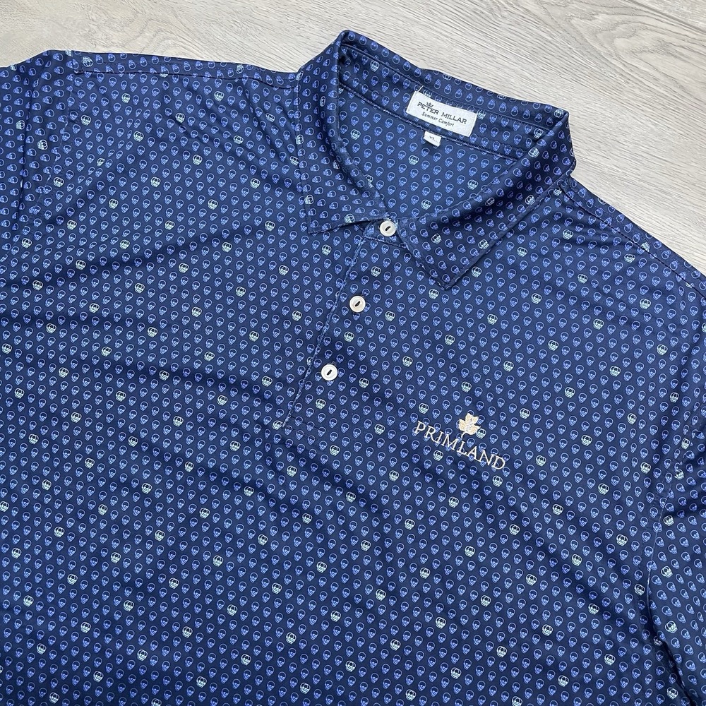 Peter Millar Seeing Double Polo Summer Comfort Primland Men Sz XL Blue Skull AOP